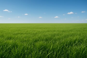 Obraz premium Endless green grass field under clear blue sky with small clouds, minimalist landscape emphasizing open space and natural tranquility concept. Ai generative