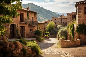 Charming cobblestone street winding through traditional stone houses in a serene spanish village, bathed in warm sunlight