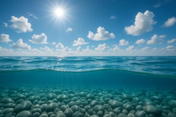 Obraz premium Crystal clear ocean with sunlit water surface and round stones beneath under blue sky with clouds, split view concept, peaceful marine background scene. Ai generative