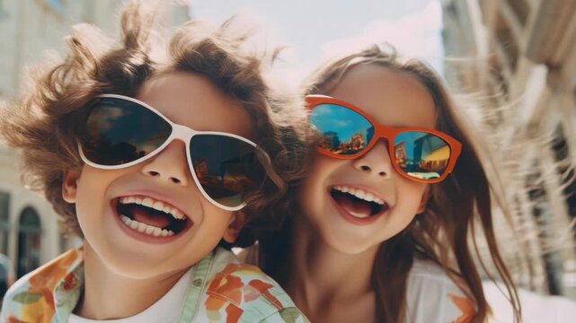 Two children with sunglasses and open-mouthed smiles, seemingly having fun in the wind on an outdoor adventure.