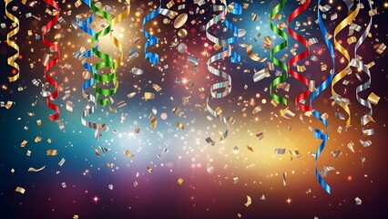 Colorful Confetti and Hanging Streamers on a Vibrant Abstract Bokeh Party Background