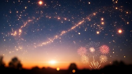 Twilight Sky Background with Golden Star Trails, Magic Particles, and Festive Fireworks