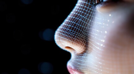 Digital grid overlay on woman's face profile showing futuristic technology concept for AI, biometric scanning, and facial recognition systems.