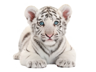 Adorable, fluffy, young white tiger cub with striking blue eyes and distinctive dark stripes, rests peacefully on a smooth surface, bathed in soft, diffused, isolated on transparent background.