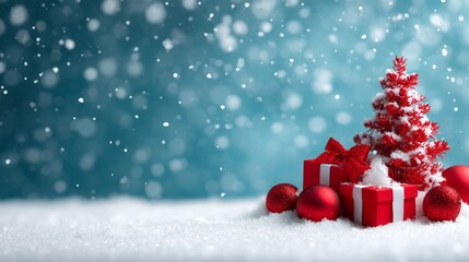 Obraz premium A charming winter scene features a vibrant red Christmas tree accented with white snow, surrounded by beautifully wrapped gifts and sparkling snowflakes falling gently in the blue background