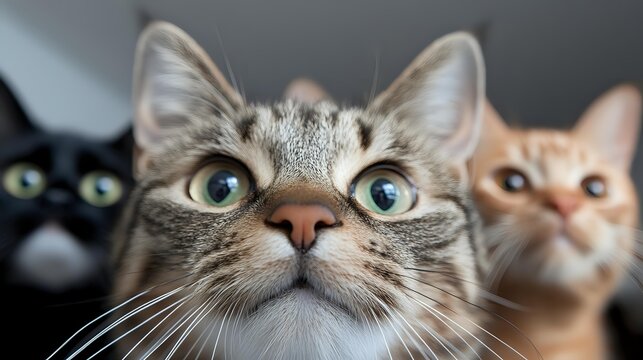 Three adorable domestic cats with wide eyes looking upward with curious expressions. Tabby and orange kittens with whiskers in close-up portrait style. - Powered by Adobe