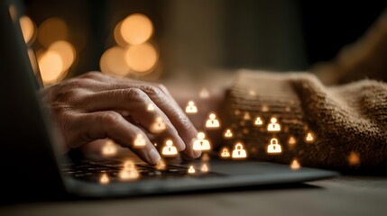Professional hands typing on laptop keyboard with glowing security lock icons floating above, representing cybersecurity and data protection in warm lighting.