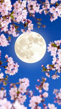 Full moon with cherry blossoms frame against vibrant blue sky, floral branches framing bright lunar sphere, celestial beauty, fantasy scenery