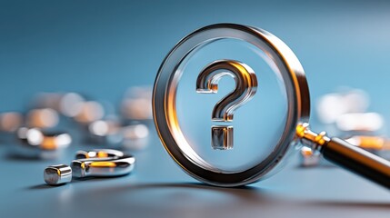 Magnifying Glass and Question Mark on Blue Background