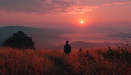 Silhouette of person standing on grassy hill watching dramatic sunrise over misty valley landscape with golden orange sky and rolling mountains in distance.