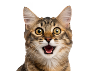 Adorable young tabby kitten with striking golden eyes and a brown and black striped coat is captured in a surprised expression with an open mouth, displaying, isolated on transparent background.