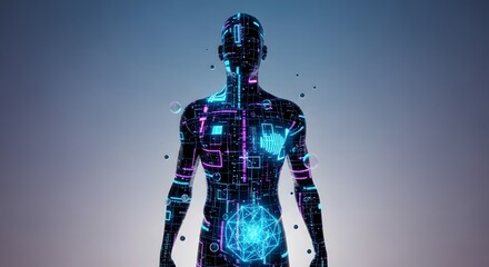 Futuristic humanoid robot with neon circuitry