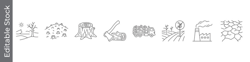 Deforestation and environmental impact icon set &ndash; editable outline symbols of tree stump, logging, pollution, drought and land degradation
