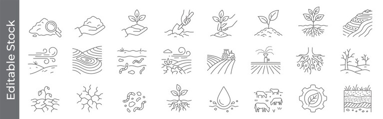 Soil, farming and agriculture icon set &ndash; editable outline symbols of planting, roots, irrigation, earthworm, drought and crop field
