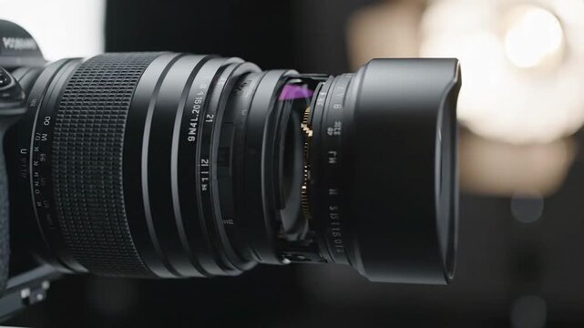Close-up of a camera lens with a bright light in the background.