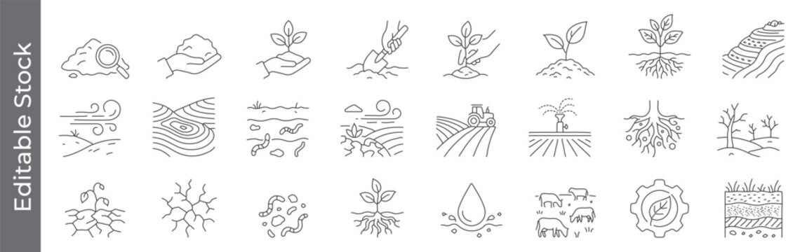Soil, farming and agriculture icon set &ndash; editable outline symbols of planting, roots, irrigation, earthworm, drought and crop field