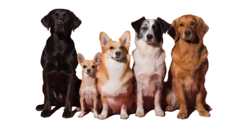 Group of different dog breeds sitting together and looking at the camera. Friendly dogs isolated on transparent background. Perfect for pet advertising, veterinary clinics, animal care concepts, and m