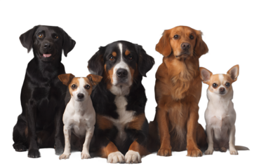 Group of different dog breeds sitting together and looking at the camera. Friendly dogs isolated on transparent background. Perfect for pet advertising, veterinary clinics, animal care concepts, and m