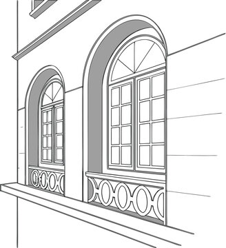 Minimalist architectural line art with geometric window frames and arches in thin grey monoline on a clean white background, ideal for modern interiors, wall art, and luxury branding.