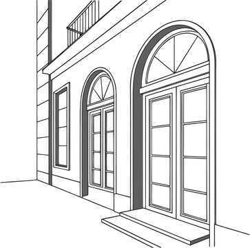 Minimalist architectural line art with geometric window frames and arches in thin grey monoline on a clean white background, ideal for modern interiors, wall art, and luxury branding.