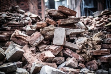 Pile of bricks and debris forming a chaotic landscape in the aftermath of a building demolition