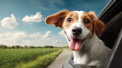 Happy Dog Enjoying Ride with Head Out the Car Window