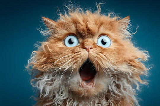 Surprised Fluffy Ginger Cat with Wide Eyes on Blue Background - Powered by Adobe
