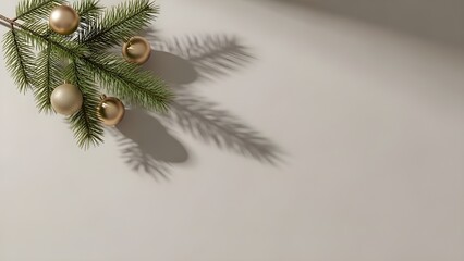 Minimalist Christmas Corner with Fir Branch, Gold Ornaments, and Long Shadow