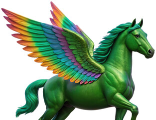 Obraz premium Majestic, vibrant green digitally painted Pegasus with iridescent rainbow feathered wings, dynamically posed in mid-gallop with a flowing mane and tail,, isolated on transparent background.