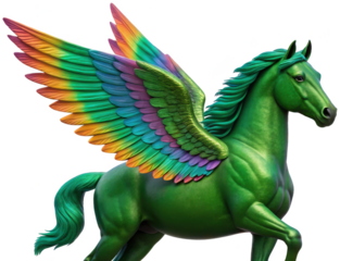 Majestic, vibrant green digitally painted Pegasus with iridescent rainbow feathered wings, dynamically posed in mid-gallop with a flowing mane and tail,, isolated on transparent background.