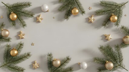 Christmas Frame Top View with Fir Branches, Gold Ornaments, and Copy Space