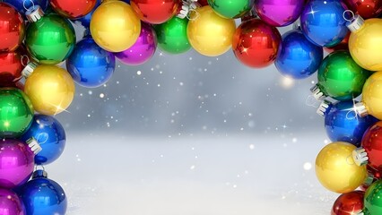 Colorful Christmas Ornaments Arch Frame on Snowy Background with Copy Space