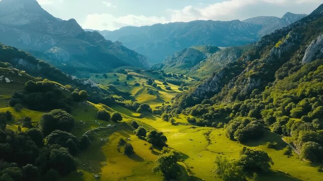 This captures a stunning view of a mountain valley with lush green fields and majestic mountains in the distance. It's a serene and picturesque scene perfect for travel blogs or nature-themed content