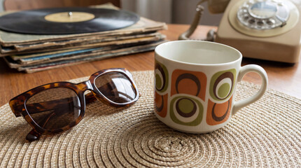 Vintage table from the 70s with a rotary phone, a mug, sunglasses and a stack of vinyl records in the background