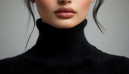 A close-up shot of a woman wearing a black turtle neck sweater, possibly for formal or professional occasion
