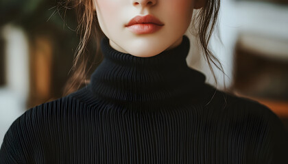 A close-up shot of a woman wearing a black turtle neck sweater, possibly for formal or professional occasion