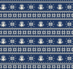 ugly Christmas sweater seamless knitting pattern.Festive knitted pattern design featuring reindeer christmas trees and snowflake elements for holiday season