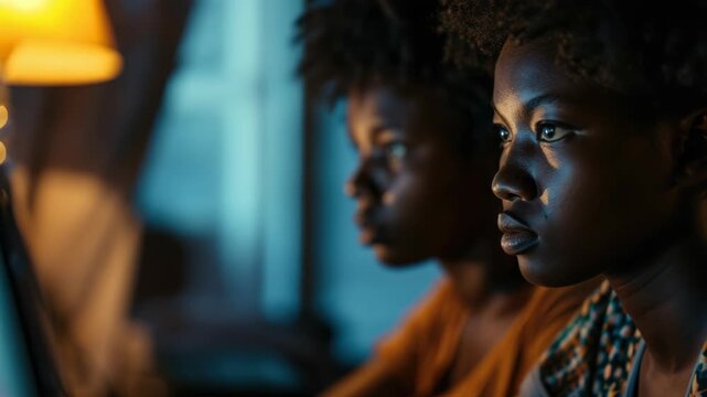 Two students sitting in front of a computer screen with glowing eyes and intense concentration, working together on an assignment or project under the soft glow of indoor lighting.