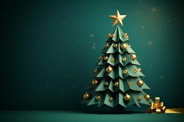 Stylish origami christmas tree decorated with golden balls and star, with golden ribbon bow, on teal background with snowflakes