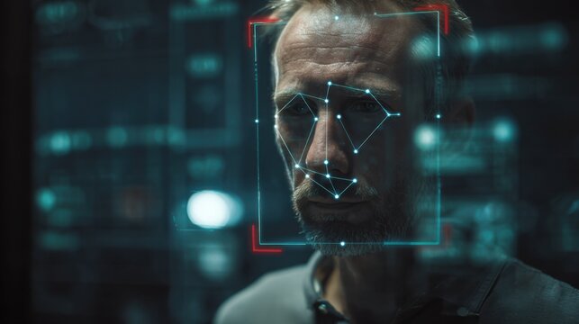 Medium shot featuring a user standing in front of a facial recognition system as it analyzes facial features for identity verification in a secure environment. - Powered by Adobe