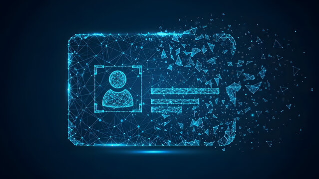Digital identity card dissolving into abstract particles | Data privacy and security breach concept on dark background | Futuristic wireframe user profile vanishing digitally | Biometric identificatio