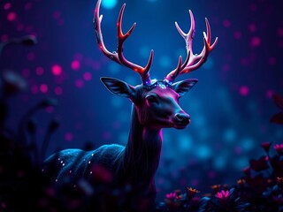 A deer, antlers adorned with holographic circuits, stands amidst pulsing neon flora, its gaze lost in a digital twilight,  shallow depth,  animal