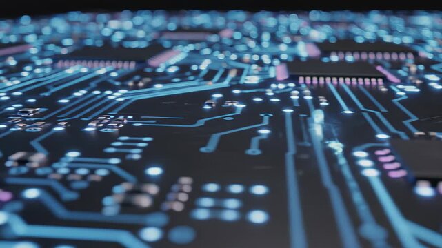 Computer circuit board glowing with tiny lights resembling stars in the night sky, perfectly encapsulating technological innovation and global connectivity concepts, ideal for high tech.