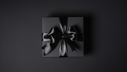 Elegant Black Gift Box with Satin Ribbon on Dark Minimal Background.