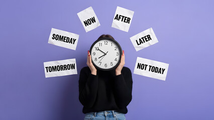 Woman hiding behind clock with procrastination words | Visual representation of delaying tasks and lack of urgency | Struggle with time management and avoiding important work until later | Conceptual