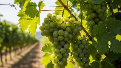 Naklejka premium Abundant Green Grapes Ripening on a Vineyard Vine Under Sunlight