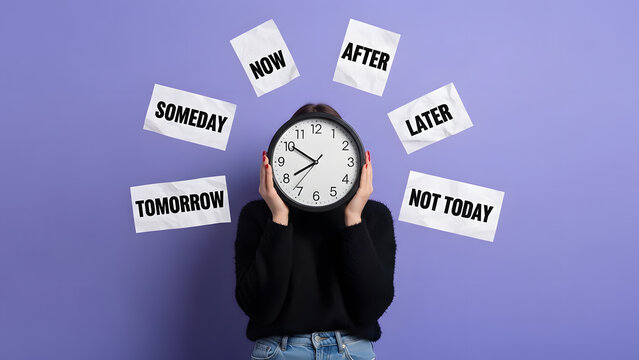 Woman hiding behind clock with procrastination words | Visual representation of delaying tasks and lack of urgency | Struggle with time management and avoiding important work until later | Conceptual