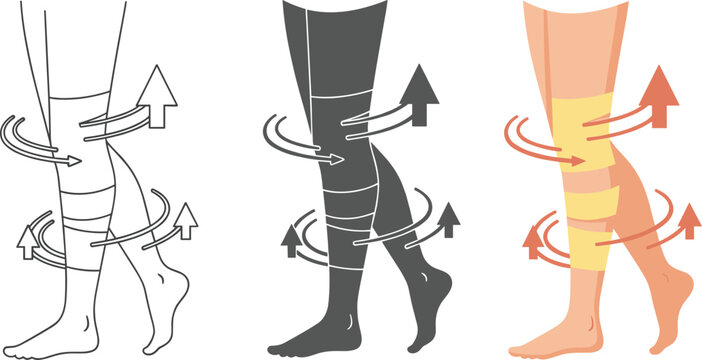 Compression socks for leg health, showing improved circulation with arrows, available as line art, silhouette, and color isolated on white background