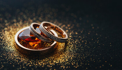 Luxury Gold Wedding Rings with Gemstone and Diamond Details on Dark Glitter Background.