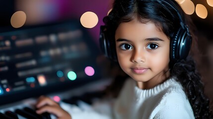 Young Hispanic girl with headphones at computer workstation with colorful bokeh lights background for gaming and technology education content.